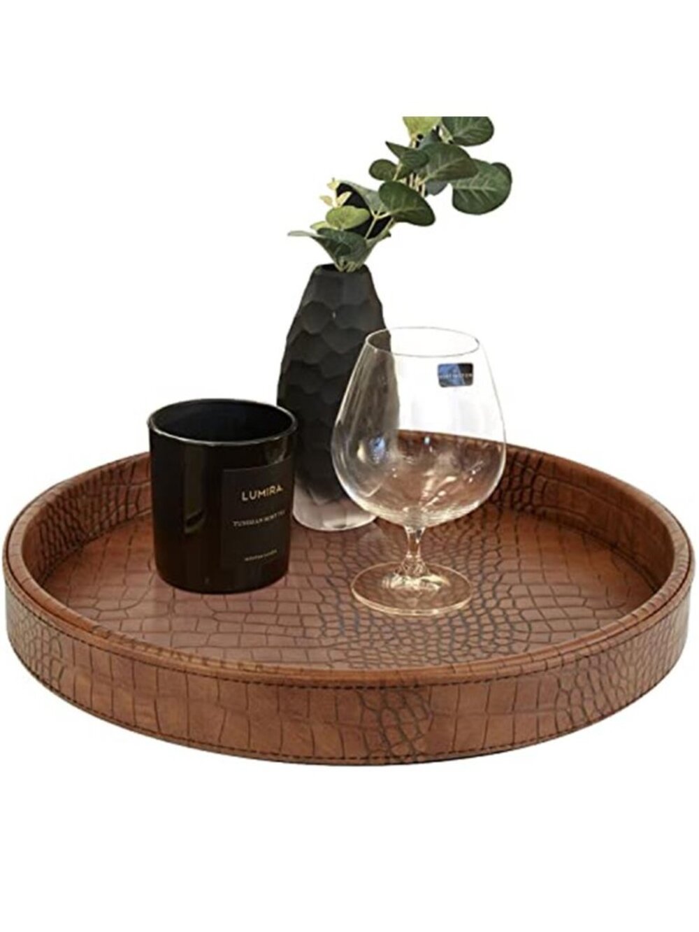 Faux Leather Round Serving Tray, Vegan Croco Leather Decorative Food Tray